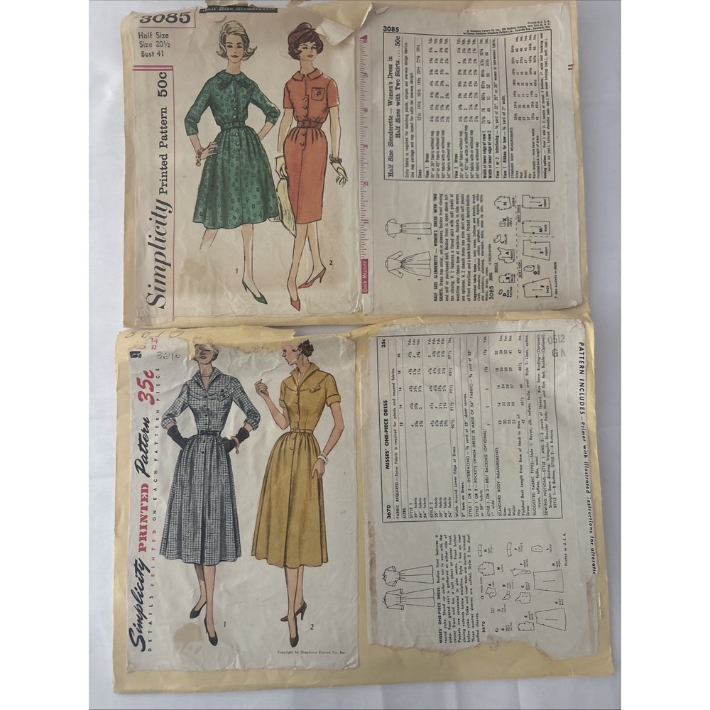 Simplicity Vintage Sewing Patterns Lot of 2 Printed Designs 3085 3610 Dress